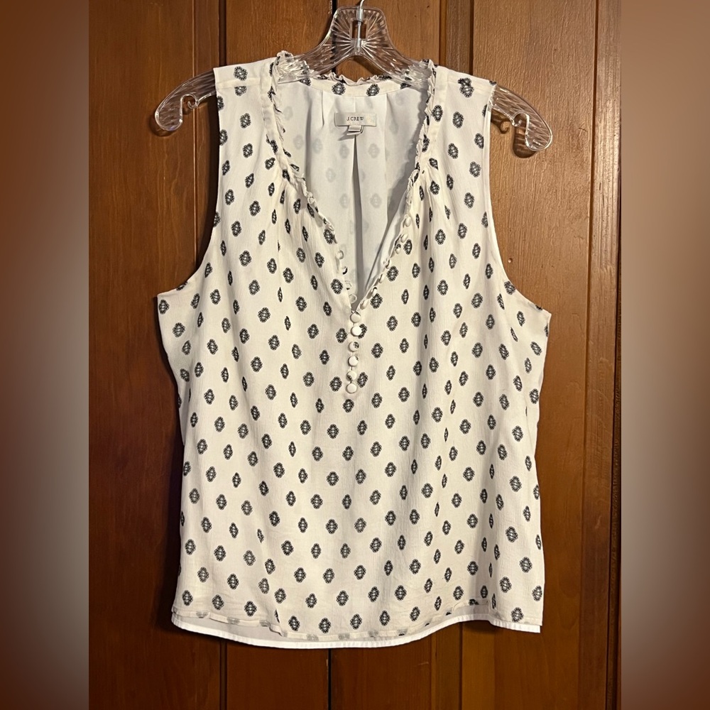 J.Crew Size 12 Ivory Printed Lined Sleeveless Blouse Button Front Tank Top